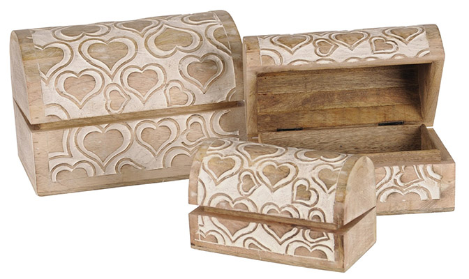 Mango Wood Heart Design Set Of 3 Dome Boxes - Click Image to Close